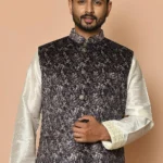 Digital Printed Velvet Nehru Jacket in Grey