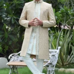 Woven Art Silk Jacket Style Sherwani in Cream and Off White