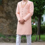 Woven Art Silk Sherwani in Light Peach